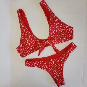 Red Bikini Top w/ White Flowers (M)